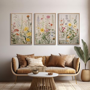 Framed Canvas Wall Art Set, Watercolor Wildflowers Floral Botanical Prints, Minimalist Modern Art Boho Wall Decor, Flower Art, Nursery Decor