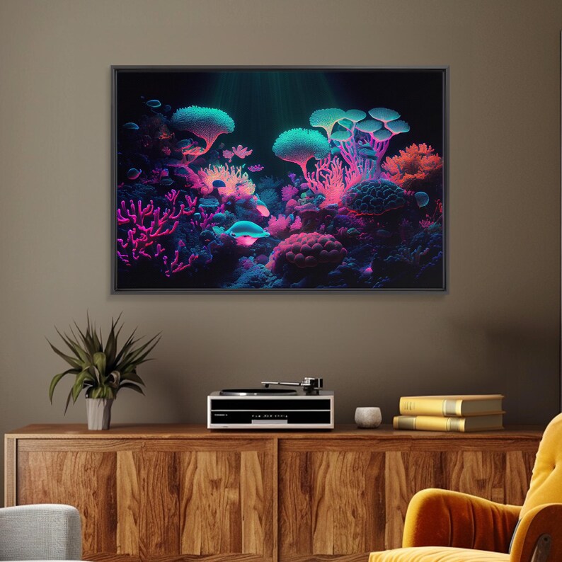 Coral Reef art, synthwave aesthetic ocean art, framed canvas art, framed wall art canvas print image 6