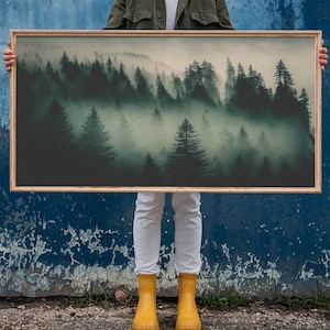 Framed Canvas Print, Pine Tree Forest, Misty Forest Landscape, Fog Covered Mountain, Nature Landscape Decor