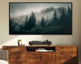 Morning fog over a mountain forest, framed canvas print, foggy pine tree landscape, framed wall art, misty mountain landscape art