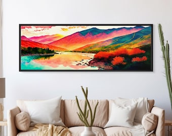 Colorful Abstract Watercolor Landscape, Framed Panoramic Canvas Print, Wide Art, Rainbow landscape painting, surrealist art