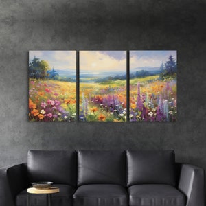 Beautiful Wildflowers Triptych, Wild Flower Art, Watercolor Floral Framed Canvas Print, Wall Art, Rustic Farmhouse Decor, 3 Piece Set