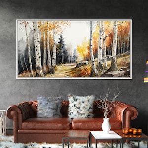 Watercolor Birch Trees Painting Canvas Print, Yellow Birch Forest, Birch Tree Art, Birch Tree Painting, Fall Decor, Birch Tree Wall Art