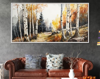 Watercolor Birch Trees Painting Canvas Print, Yellow Birch Forest, Birch Tree Art, Birch Tree Painting, Fall Decor, Birch Tree Wall Art