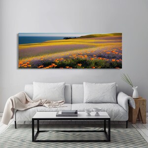 Orange and Purple Flowers in Bloom, Office Poster, Extra Large Wall Art, Framed Panoramic Canvas Print, Framed Wall Decor