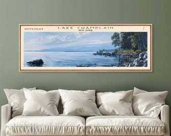 Lake Champlain Framed Canvas Print, Lake House Art, Panoramic Wall Art, Travel Poster, Captivating Lake Painting, Home Decor
