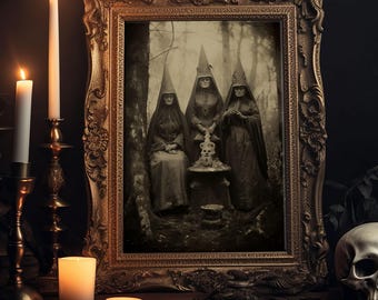 The Coven, Victorian Witches, Vintage Tintype Style Photograph, Framed Canvas Print, Gothic Wall Art, Dark Academia, Witch Art