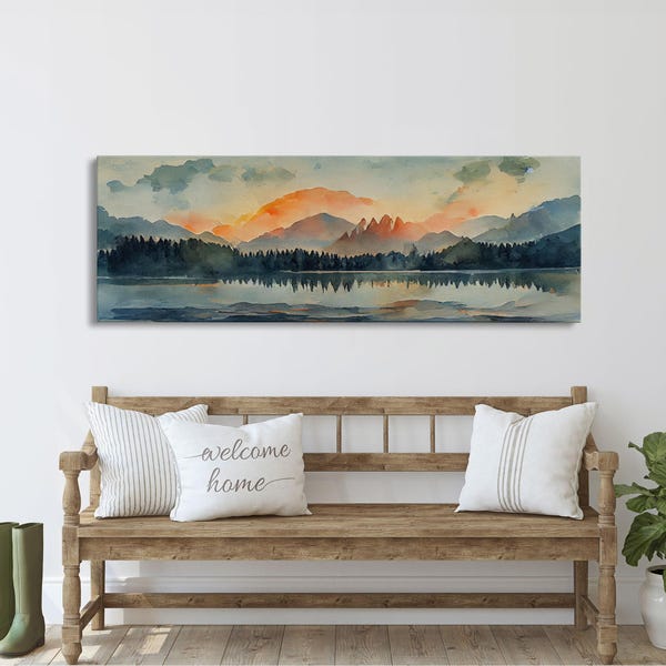 Watercolor painting of a forest fire, canvas print, landscape art, cool living room art, depressing art, Extra large panoramic wall decor
