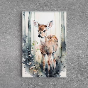 Watercolor portrait of a deer fawn, framed canvas print