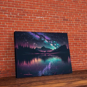 Vaporwave starry night over an Alaskan lake, Aurora borealis, framed canvas print, pastel nature art