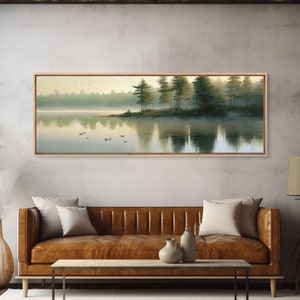 Panoramic Canvas Print of Pacific NW Lake & Forest in Soft Watercolor - Foggy Pine Trees - Framed Wall Art Decor - Framed Wall Art