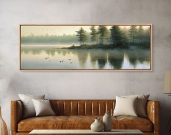 Panoramic Canvas Print of Pacific NW Lake & Forest in Soft Watercolor - Foggy Pine Trees - Framed Wall Art Decor - Framed Wall Art