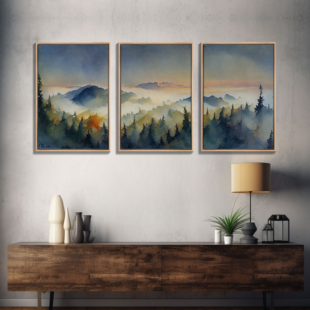 Three Piece Framed Canvas Wall Art Green Mountain Oil Landscape Prints — free download