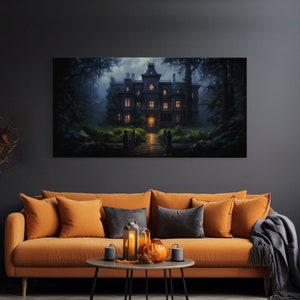 The Haunted House, Spooky Halloween Art, Haunted Victorian Mansion Framed Canvas Print, Horror Prints