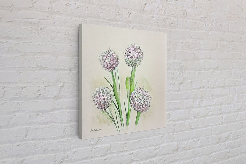 allium roseum, Watercolor Flower Art, Floral Art, Gifts for Her, framed canvas print, wall art image 5