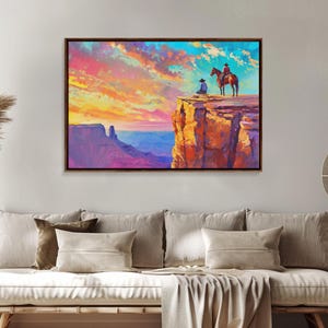 Wild West Art Print, Vintage / Retro Cowboy Wall Art, Framed Canvas or Metal Art, Midcentury Modern Watercolor Painting, Cowboy at Sunset image 7