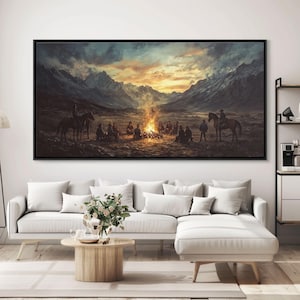Sunset Cowboys Around Campfire Framed Canvas Print Western Scenic Art Perfect Winter Wall Decor and Rustic Mountain Cabin Art
