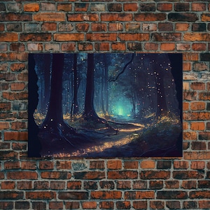 Fireflies light up a mystical fantasy forest at night, framed canvas art, framed print