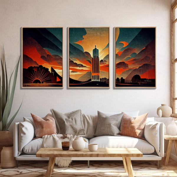 Art Deco Brutalist Architecture, Dystopian, 3 Piece Wall Art, Ready To Hang Canvas Print, Beautiful Living Room Wall Art Decor