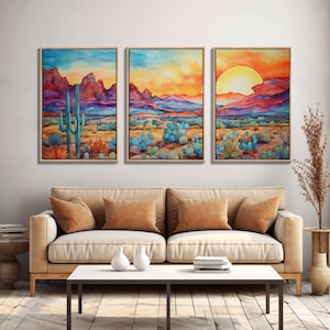 Southwestern Room Decor, Retro Desert Art, Set Of 3, Framed Canvas Prints, Wall Decor, Nursery Decor, Living Room Decor, Home Decor