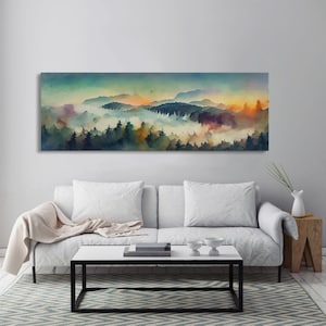 Dramatic Watercolor Sunset Landscape, Ready To Hang Canvas Print, Panoramic, Emerald Green Landscape Wall Decor, Watercolour Painting