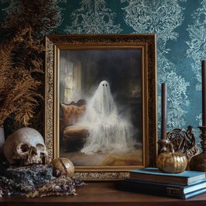 The Ghost Sits On The Sofa, Framed Canvas or Canvas Print, Gothic Victorian Halloween Painting, Cool Halloween Decor image 20