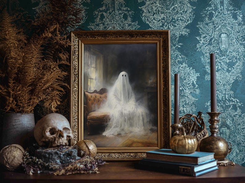 The Ghost Sits On The Sofa, Framed Canvas or Canvas Print, Gothic Victorian Halloween Painting, Cool Halloween Decor image 20