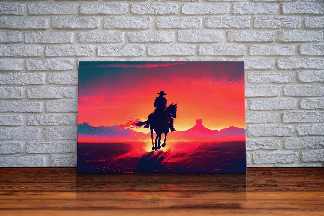 The Sunset Ride, Wild West Cowboy Art, Retro Style Western Decor