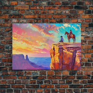 Wild West Art Print, Vintage / Retro Cowboy Wall Art, Framed Canvas or Metal Art, Midcentury Modern Watercolor Painting, Cowboy at Sunset image 16