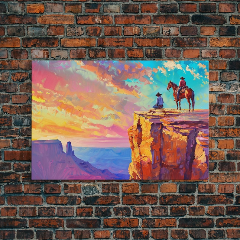 Wild West Art Print, Vintage / Retro Cowboy Wall Art, Framed Canvas or Metal Art, Midcentury Modern Watercolor Painting, Cowboy at Sunset image 16