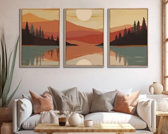 Framed Canvas Wall Art Set of 3 Sunset Forest Landscape Abstract Illustrations Prints Modern Art Minimalist Boho Wall Decor, 3 Piece Art