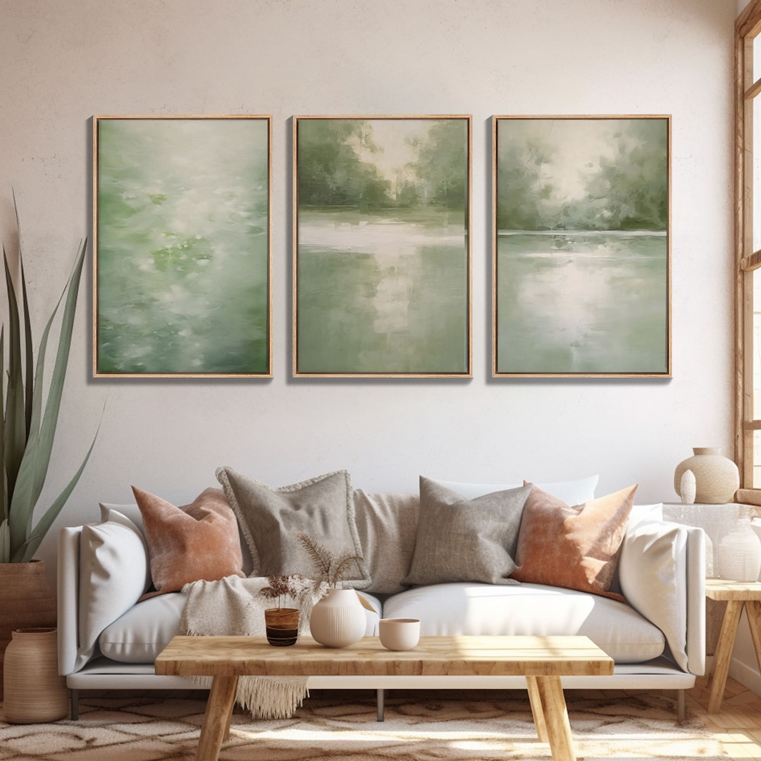 Framed Canvas Wall Art Set of 3 Green Abstract Landscape Print Modern ...