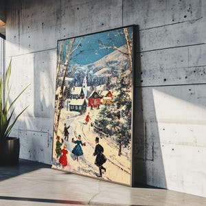 Ice Skating in The Streets on Christmas Morning Framed Canvas Print - Retro Christmas Village Wall Art - Christmas Above Mantle Art