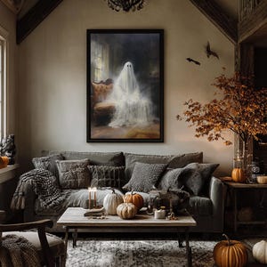 The Ghost Sits On The Sofa, Framed Canvas or Canvas Print, Gothic Victorian Halloween Painting, Cool Halloween Decor image 3