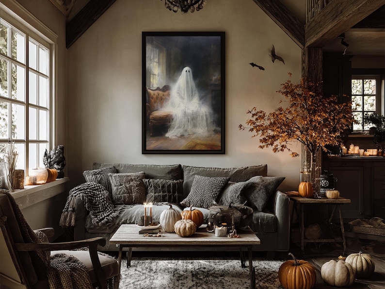 The Ghost Sits On The Sofa, Framed Canvas or Canvas Print, Gothic Victorian Halloween Painting, Cool Halloween Decor image 3