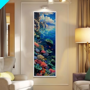 Tall and Narrow Vibrant Coral Reef Coastal Art Framed on Canvas, Ocean Painting, Tropical Coast Wall Art, Modern Art Print for Living Room