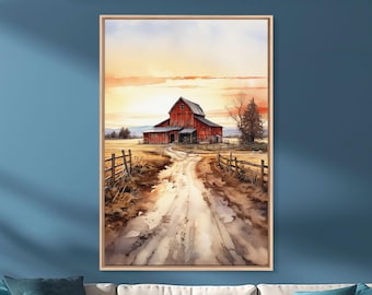 Sunset Over A Red Barn, Watercolor Painting Canvas Print, Country Poster Art,  Framed Canvas, Country Roads, Rustic Farmhouse Decor