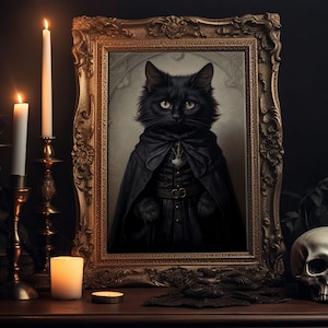 Cute Victorian Cat Portrait, Halloween Decor, Oil Painting Of A Gothic Victorian Cat, Halloween Wall Art, Framed Canvas Print