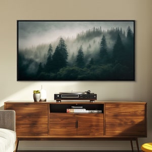 Morning fog over a mountain forest, framed canvas print, foggy pine tree landscape, framed wall art, misty mountain landscape art