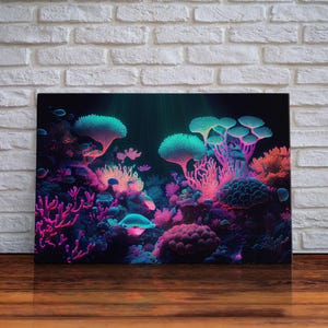 Coral Reef art, synthwave aesthetic ocean art, framed canvas art, framed wall art canvas print