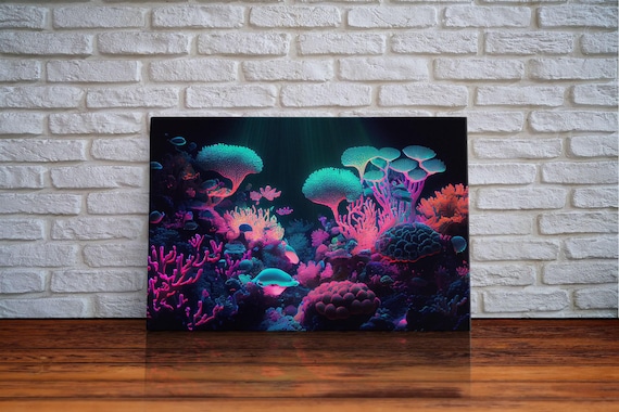 Coral Reef art, synthwave aesthetic ocean art, framed canvas art, framed wall art canvas print