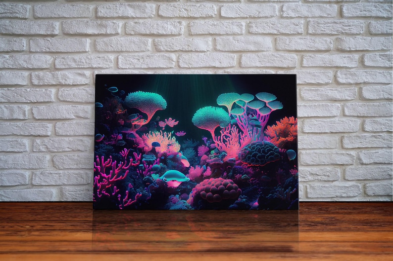 Coral Reef art, synthwave aesthetic ocean art, framed canvas art, framed wall art canvas print image 1