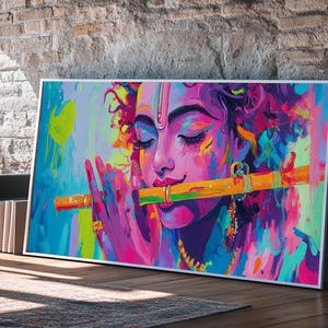 Radha Krishna Painting Print, Hindu Wall Art, Framed Canvas Print, Hinduism Wall Art, Krishna Wall Art, Krishna Playing A Flute afbeelding 3