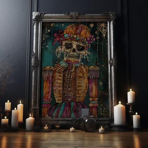 Skeleton Nutcracker in Festive Attire Framed Canvas Print, Halloween Nutcracker Decor, Spooky Art, Haunted Toy Wall Art, Nutcracker Print