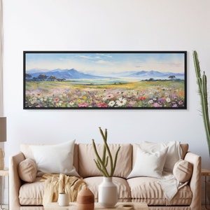 Beautiful Wildflowers Watercolor Painting Framed Canvas Print, Ultra Wide Panoramic Wall Art, 20 x 60 Art, Springtime Decor