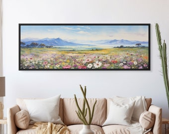 Beautiful Wildflowers Watercolor Painting Framed Canvas Print, Ultra Wide Panoramic Wall Art, 20 x 60 Art, Springtime Decor