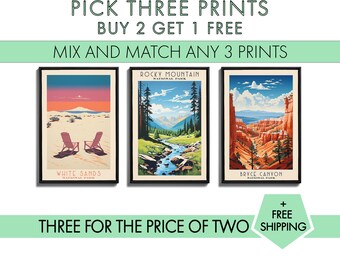 Buy 2 Get 1 Free National Parks - Pick 3 Prints - Travel Poster Art - National Park Poster Canvas Prints - Framed Wall Art Collect Them All