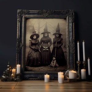 Spooky Witches Art Print, Antique Style Sepia Tone Tintype Photograph Print, Canvas Print, Vintage Halloween Decor, Gothic Witch Wall Art