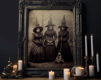 Spooky Witches Art Print, Antique Style Sepia Tone Tintype Photograph Print, Canvas Print, Vintage Halloween Decor, Gothic Witch Wall Art