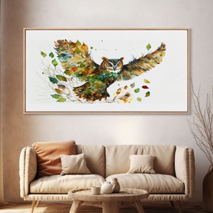 Owl wall art, framed canvas print, owl decor, nature art, owl print, owl painting, owl made of leaves double exposure art